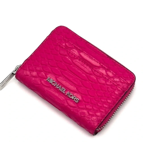 Michael Kors Medium ZA Card Case Wallet Snakeskin Electric Pink Multi - Picture 1 of 9